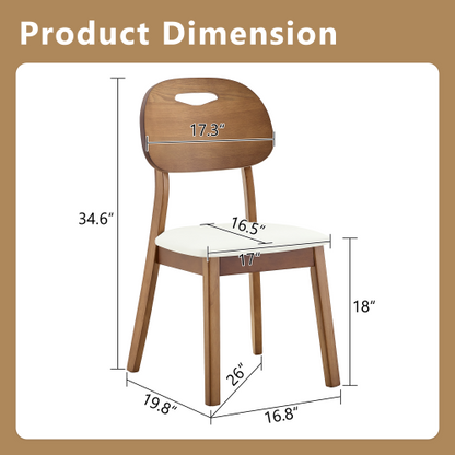 Set of 2 Walnut Solid Wood Dining Chairs, Curved Hollow Back with White PU Cushion
