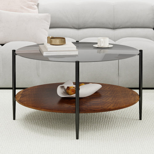 Mid Century Round Coffee Table Glass Top Wood Shelf Metal Frame Living Room Table
