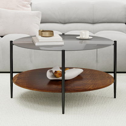 Mid Century Round Coffee Table Glass Top Wood Shelf Metal Frame Living Room Table