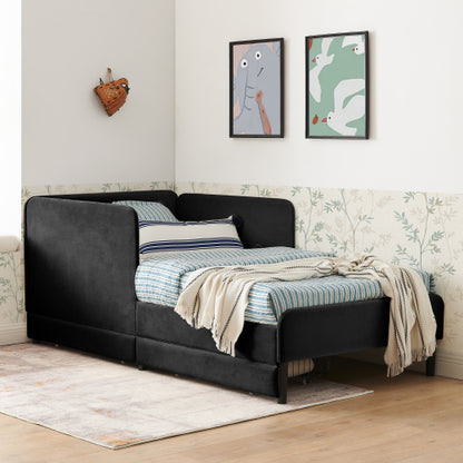 Black Twin-Size Upholstered Convertible Platform Sofa-Bed Frame with 2 Storage Drawers