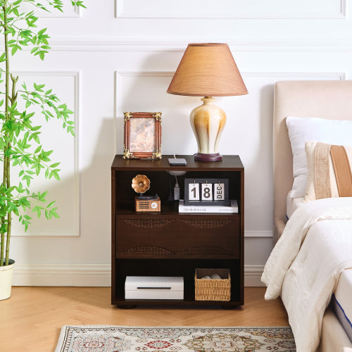 Mid Century Modern Rattan Nightstand with Charging Station USB Ports & Outlet Hole & 4 Solid Wood Bases, Farmhouse End Table with Open Space and Drawer Dresser, Walnut