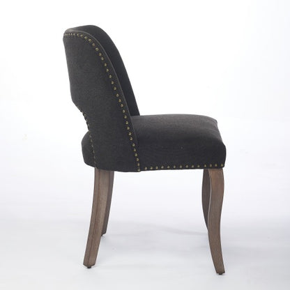 Set of 2 Black Hollow Back Fabric Dining Chairs, Curved Solid Wood Legs With Handmade Copper Nails