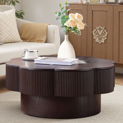 31.5inch  Flower Shaped Coffee Table with Storage Wood Veneer Dark Brown