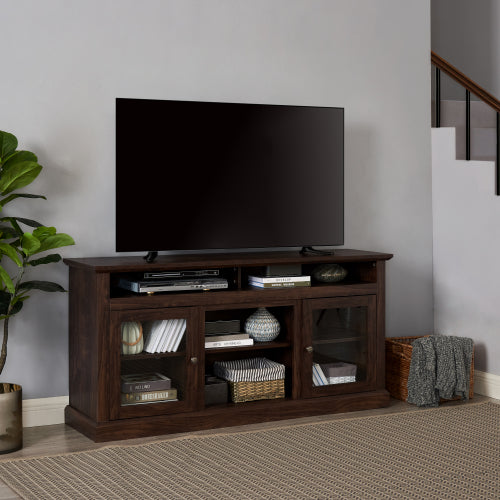 60 Inch Brown Farmhouse Glass Door TV Stand MDF Media Console with 5 Cable Holes Fits TVs Up To 65 Inch