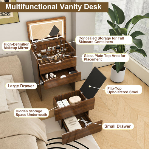 3-in-1 Vanity Desk with Lighted Mirror & Stool, Flip Top Makeup Dressing Table, Compact Storage for Bedroom, Bathroom, Dressing Room(23.62inch L, Walnut)