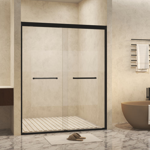 56-60 " x 72" Tempered Glass with Explosion Proof Film, Aluminum Frame Double Sliding Shower Door, "1/4 (6 mm), Stainless Steel handle, Matte Black