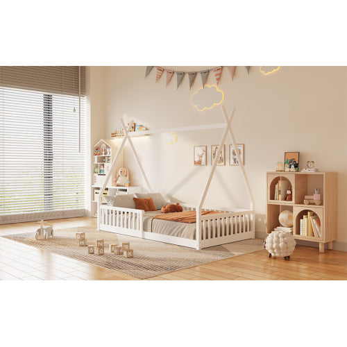 Twin Size Wood House Bed with Fence, White
