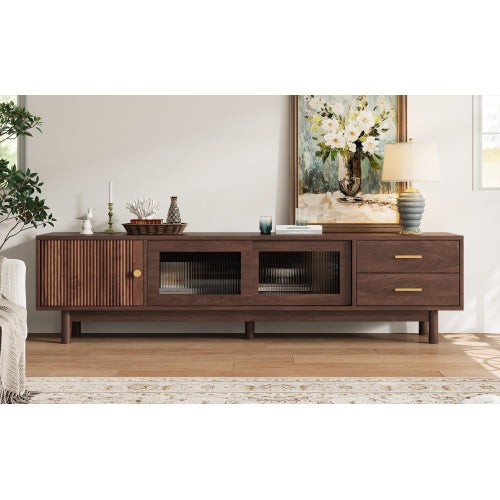 70.86 inch Dark Brown Mid Century Wave Glass Sliding Door TV Stand Pine Leg Console For 80 inch TV