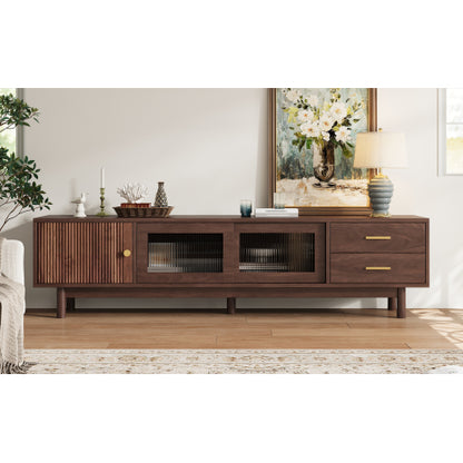 70.86 inch Dark Brown Mid Century Wave Glass Sliding Door TV Stand Pine Leg Console For 80 inch TV