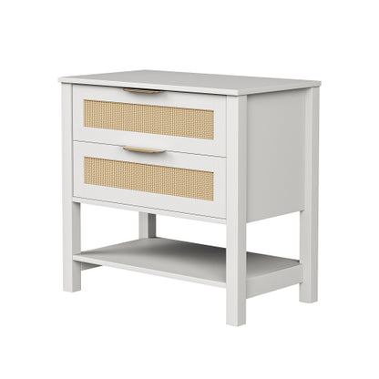 White Rattan 2-Drawer Nightstand with Shelf, Boho Style