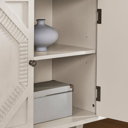 65.2 inch Mid Century Modern Sideboard Buffet Cabinet with Storage, Symmetrical Geometric Accent Coffee Bar Wine Bar Storage Cabinet, Large Console Table for Living Room/Entryway/Kitchen, Antique White