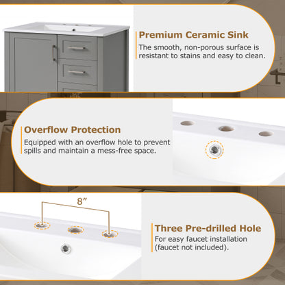 30" Gray Bathroom Vanity with Sink Combination Set, Bathroom Storage Cabinet with Soft Close Door, 3 Soft Close Drawers and Removable Tray, Solid Wood Frame