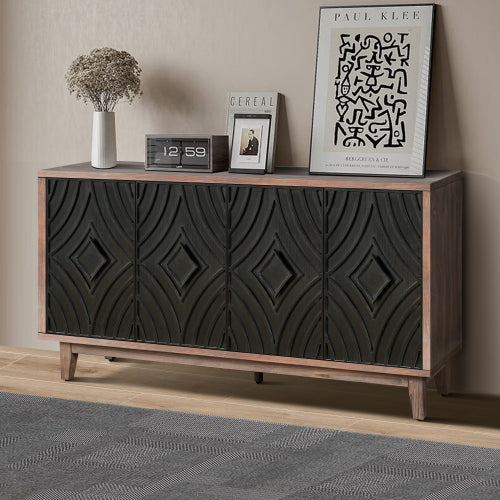 Mid Century Sideboard Buffet Cabinet with Solid Wood Legs and 4 Convex Pattern Diamond Doors