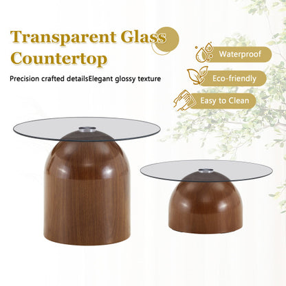 Set of 2 Walnut Nesting Glass Coffee Tables, Space-Saving Round Center Table