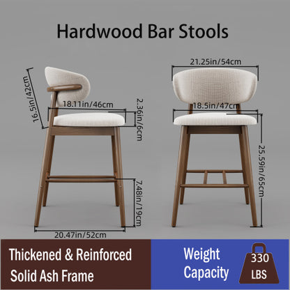 Solid Ash Wood Counter Stools with Upholstered Seats, Set of 2, Walnut