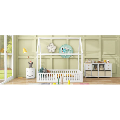 Full Size Wood House Bed with Fence and Door, White