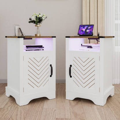 LED Nightstand with Charging Station, Farmhouse Wooden Side Table with Cabinet and Shelf
