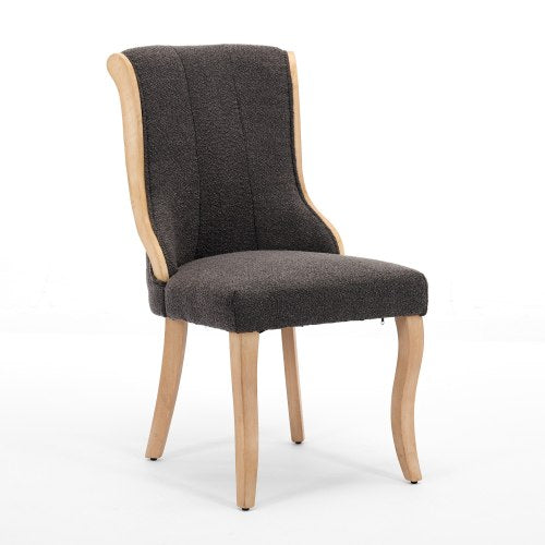 Set of 2 Gray Snow Velvet Mid-Century Dining Chairs, Curved Solid Wood Trim & Sculpted Leg Accent Chairs
