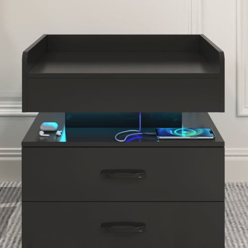 LED Nightstand with Remote Control Light, 2 Sliding Drawers Multi-Functional Side Table