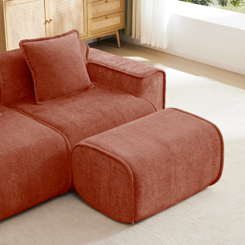 Red Velvet L-Shape 2-Seat Modular Boneless Sofa,Ottoman & Throw Pillows