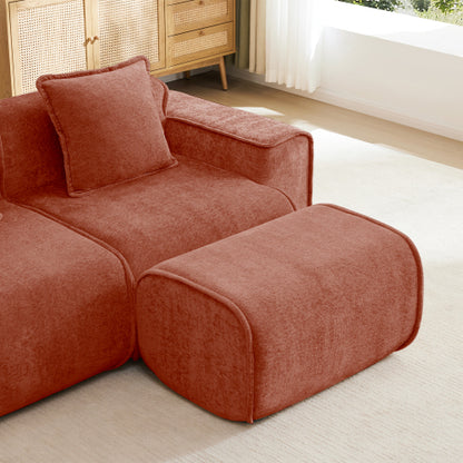 Red Velvet L-Shape 2-Seat Modular Boneless Sofa,Ottoman & Throw Pillows