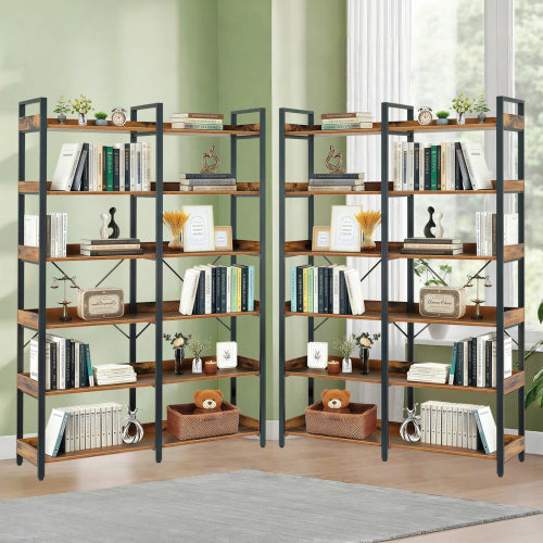 67 Inch 6 Tier Industrial Wooden Open Bookshelf Metal Frame Home Display Rack