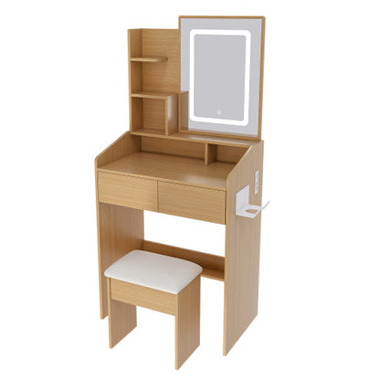 Vanity Table with LED-Illuminated Mirror, Power Outlet, Hairdryer Holder & Stool ¨C Compact Dressing Desk for Small Bedrooms(Wood)