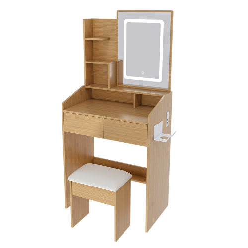 Vanity Table with LED-Illuminated Mirror, Power Outlet, Hairdryer Holder & Stool ¨C Compact Dressing Desk for Small Bedrooms(Wood)