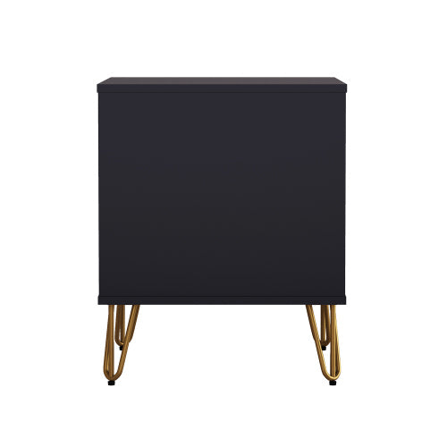 Black Modern Nightstand, 2 Drawers & Metal Legs