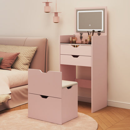 3-in-1 Multifunctional Vanity Desk Set, Flip-Up Mirror, 3-Color Lights, 2 Drawers, Hidden Storage Stool, White