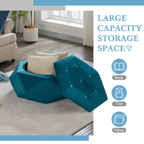 Blue Velvet Polygon Diamond Tufted Storage Ottoman, 34 inchL Lift Top Footrest with Hidden Storage Space
