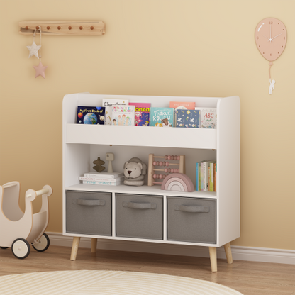 White Gray Kids Bookshelf With 3 Removable Fabric Bins Toy Book Organizer