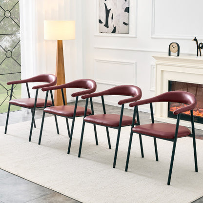 PU Leather Dining Chairs with Black Metal Legs, Set of 4, Reddish Brown