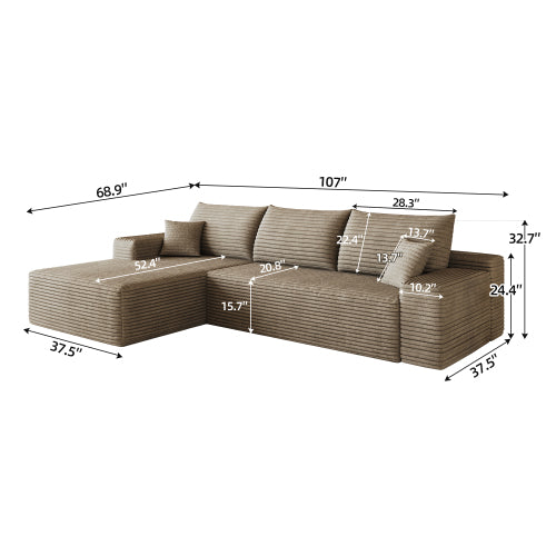 107 inch  Camel Plush Corduroy L-Shape Cloud Modular Sectional Sofa, No Assembly