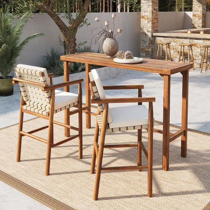 3 Piece Outdoor Bar Set, Patio Acacia Wood Bar Height Table & 2 Stools with Cushions, Wood Dining Bar Set for Backyard, Poolside, Balcony, Beige Cushions
