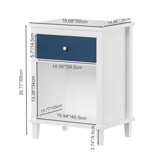 26.77''H Wooden Nightstand with One Drawer One Shelf for Kids, Adults, Navy+Golden handle