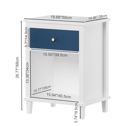26.77''H Wooden Nightstand with One Drawer One Shelf for Kids, Adults, Navy+Golden handle