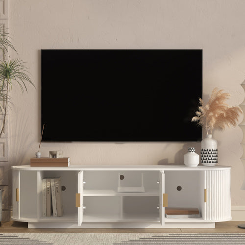 66.9 Inch Farmhouse Fluted Wood TV Stand, Sliding Door Media Console for TVs Up to 75 Inch TV