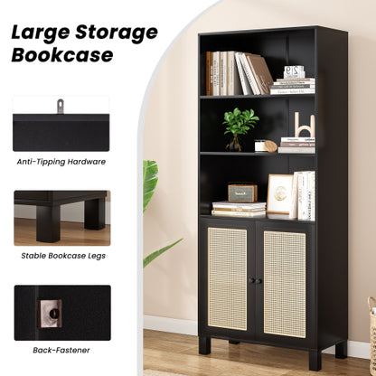 Tall Bookcase with Rattan Doors, 5-Tier Wood Storage Shelf, Black