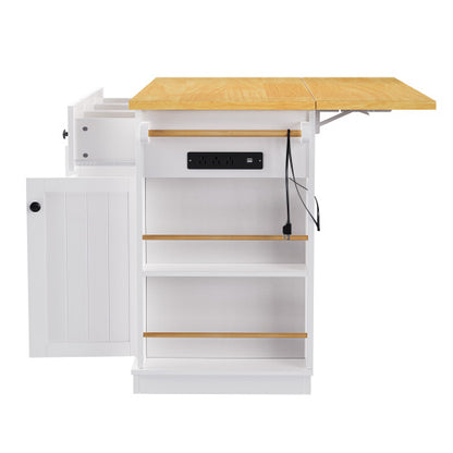 53inch Large Kitchen Island with Drop Leaf, Power Outlet, Door Internal Storage Rack, Rolling Kitchen Cart on 5 Wheels with 5 Open Side Racks for Kitchen, Dining Room,White(Not include bar stools)