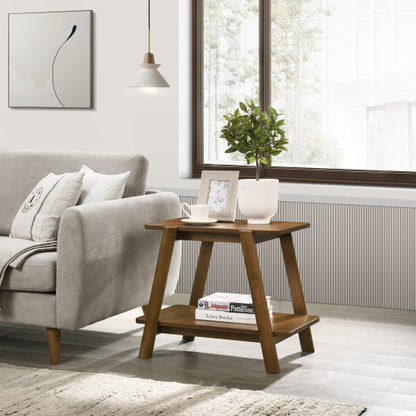 Mid-Century Walnut Wood Shelf End Table, Okume Veneer & Rubberwood Leg Side Table for Bedroom & Living Room