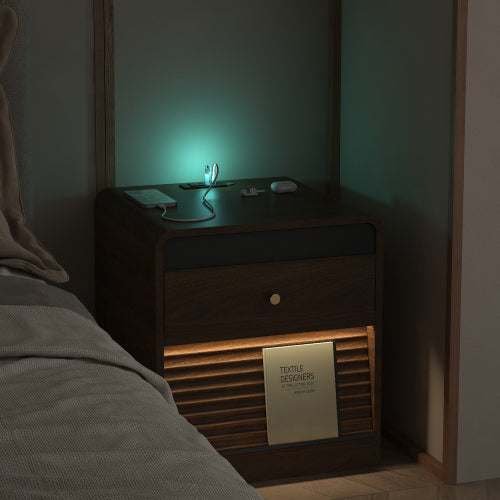 Wood Smart Nightstand, Voice Control Night Light, Touch LED Strip & Charging Station