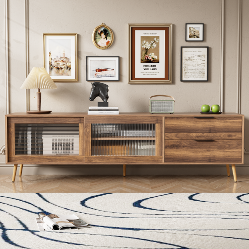 70.8 Inch Walnut Mid-Century TV Stand Tempered Glass Sliding Door Media Console for 75 inch+ TV