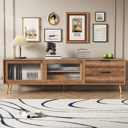 70.8 Inch Walnut Mid-Century TV Stand Tempered Glass Sliding Door Media Console for 75 inch+ TV