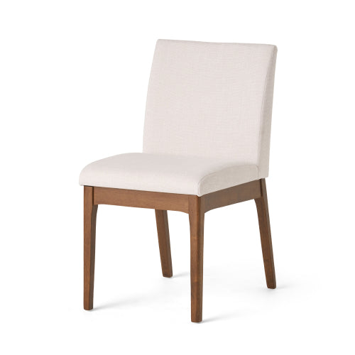 Set of 2 Contemporary Minimalist Dining Chairs, Walnut Rubberwood Legs with Light Beige Upholstery