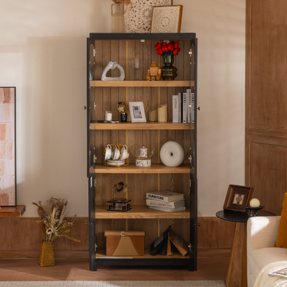 74.5''H Ash Wood Grain Mid-Century Glass Door Display Cabinet Adjustable Shelf Home Storage Cabinet
