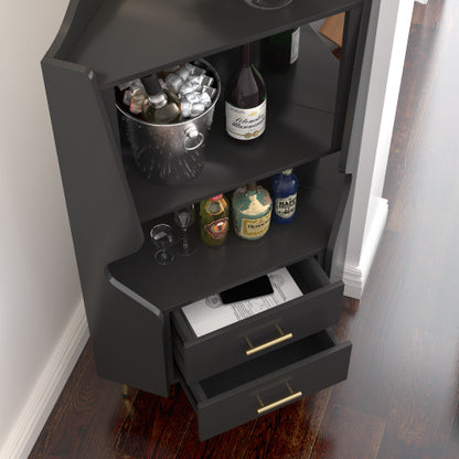 Wooden Corner bar cabinet with 2 open storage shelves and 2 drawers, mirrored back sideboard cabinet, high feet/legs for easy cleaning, buffet cabinet BLACK