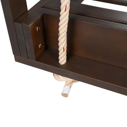 Country Patio Wooden Twin Size Swing Daybed Porch Swing Frame with 4pcs 96-inch Hemp Ropes for Backyard, Garden, Brown