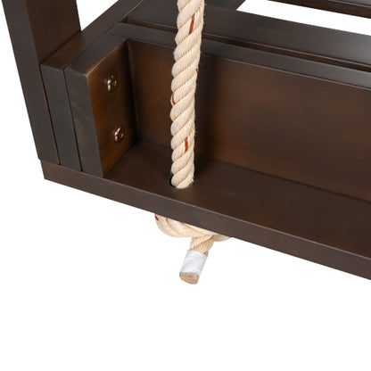 Country Patio Wooden Twin Size Swing Daybed Porch Swing Frame with 4pcs 96-inch Hemp Ropes for Backyard, Garden, Brown