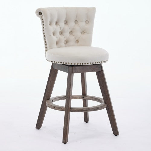 26inch Counter Height Bar Stools Set of 2, 360¡ã Swivel Stools with Back & Hand - Tufted Button - Trimmed Edges, Upholstered Velvet Kitchen Counter Stools on Wood Legs,Beige